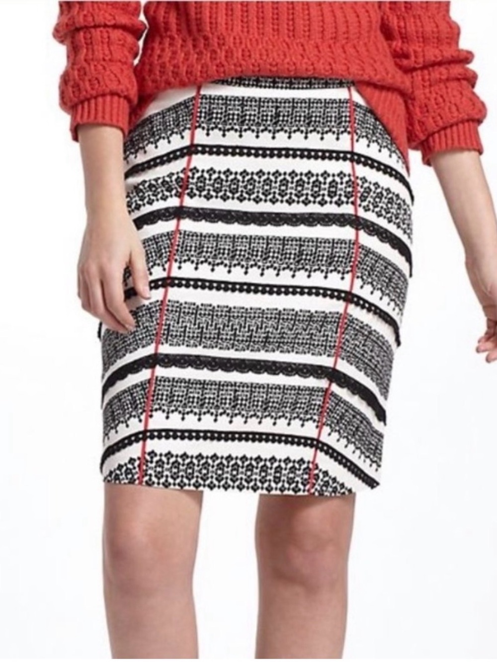 Tabitha Black and White Striped Pencil Skirt with Red Piping